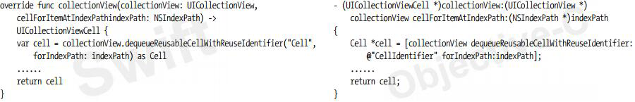 使用UICollectionView的dequeueReusableCellWithReuseIdentifier:forIndexPath:方法獲得可重用的單元格，模式代碼